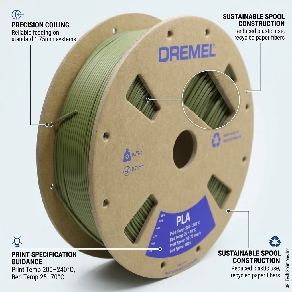 A professional feature graphic highlighting the cardboard spool and matte olive green PLA filament, emphasizing accurate, matte-finish 3D single-material prints.