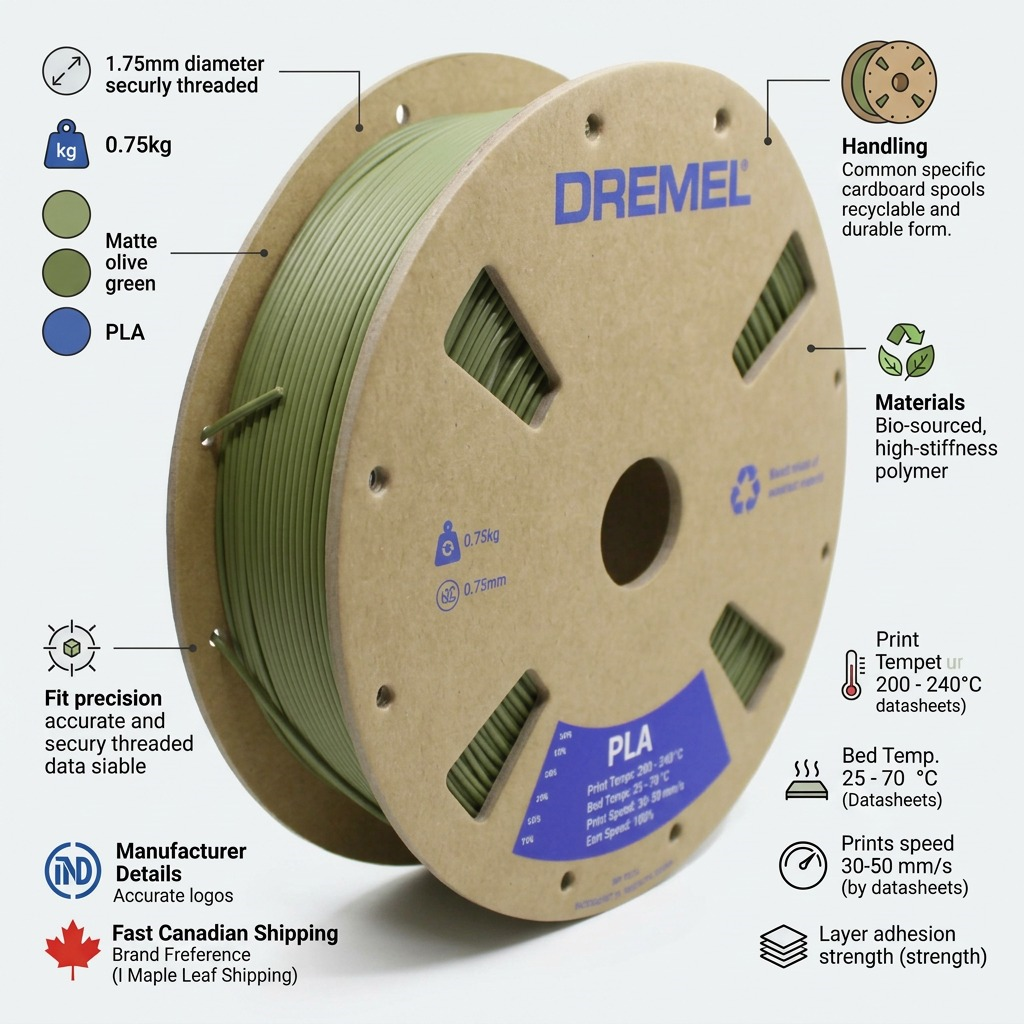 An infographic of a Dremel PLA filament spool with data points on materials, printing specs & Canadian shipping.