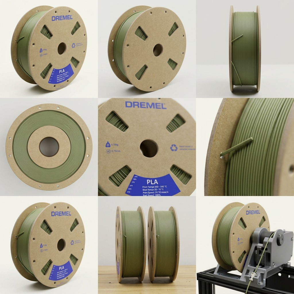 A 3x3 grid showing nine precise, detailed images of the Dremel olive green PLA filament spool, based on image_0.png, viewed from different angles and in various contexts for comparison.
