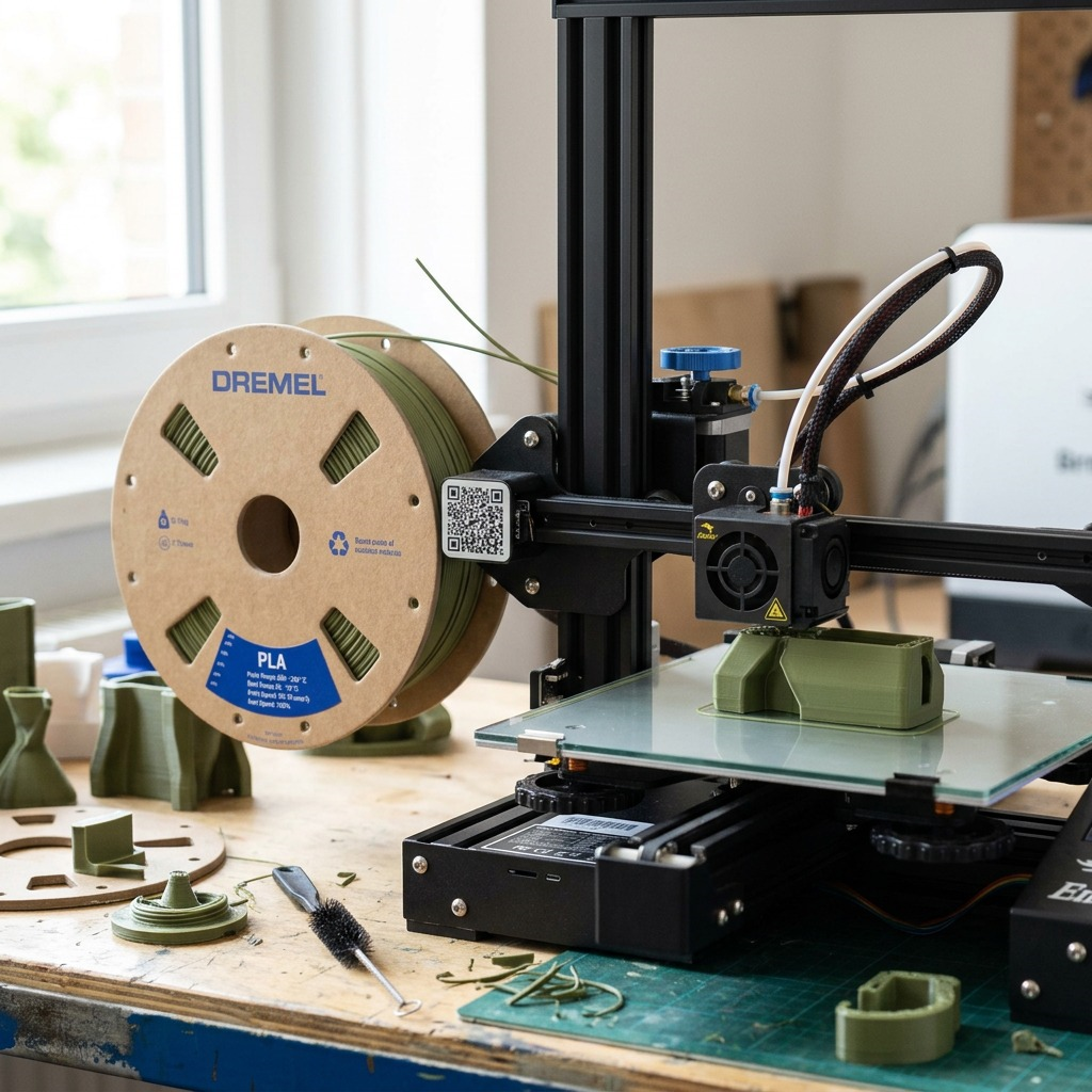 A spool of Dremel Matte Olive Green PLA filament in an active 3D printer, extruding material onto a build plate, on a desk with various printed objects. Realistic lifestyle setting, neutral lighting.