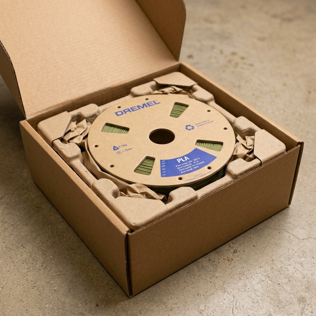 Unboxing a Dremel PLA matte olive filament spool from a protective corrugated cardboard shipping box.
