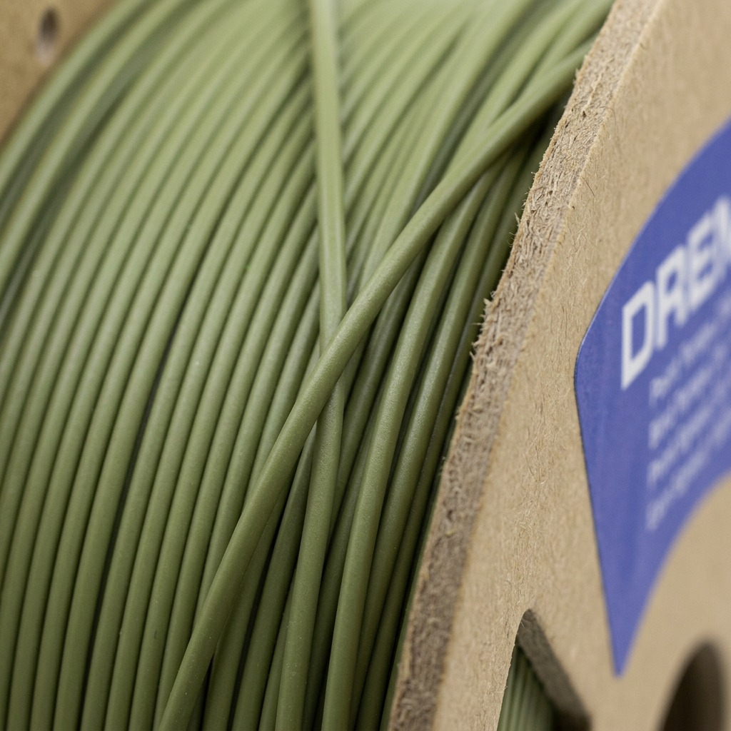 A macro photo of olive green 3D filament on its Dremel cardboard spool with a focused view on the texture.