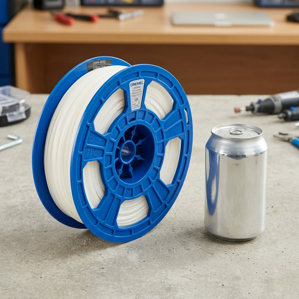 Dremel PLA-TRA-01 filament spool next to a soda can, showing its relative size on a workshop table.