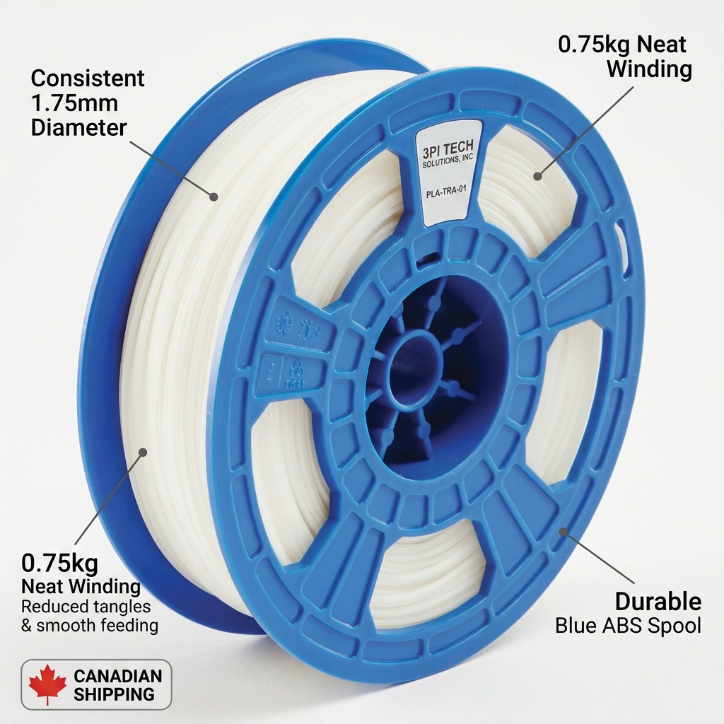 Feature graphic with callouts for consistency, spool material, and Canadian shipping for a 0.75kg 3D filament.