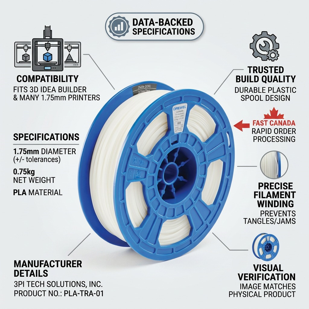 An infographic features a 3D PLA filament spool, highlighting its data-backed specs, build quality, and precise winding.