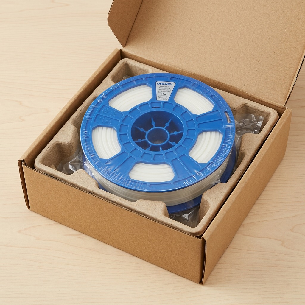 Close-up of the specific Dremel PLA filament spool from image 0.png, resting in branded Dremel packaging for secure shipping.