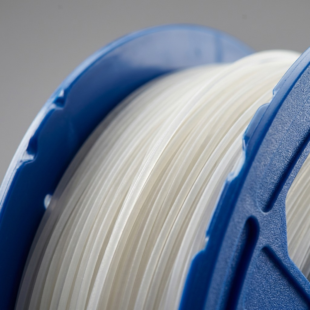 Macro close-up of translucent white PLA filament texture on the blue Dremel-compatible spool.