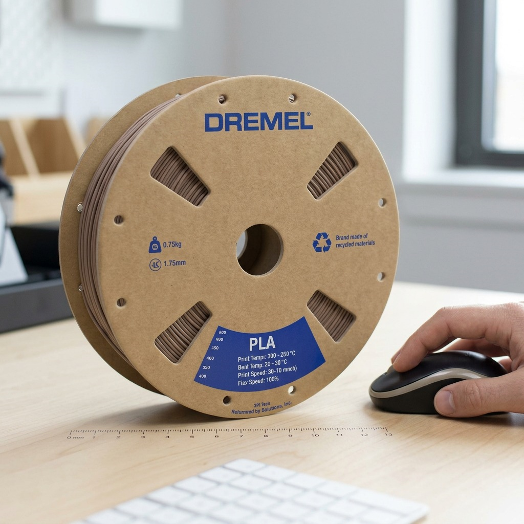Scale reference image shows the brown 3PI PLA filament spool next to a computer mouse and desk ruler.