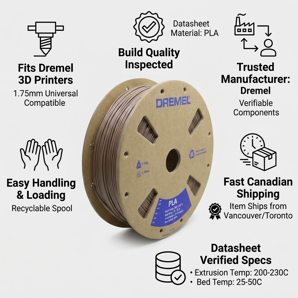 An accurate Dremel PLA spool infographic on a clean background, highlighting verified fit, build, Canadian stock, and fast shipping with blue and brown icons and text.