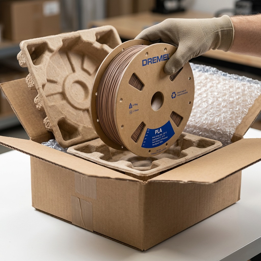 A realistic, premium photo showing a matte brown Dremel PLA filament spool being carefully lifted from a robust, bubble-wrap lined cardboard shipping box. The Dremel branding and product details on the cardboard spool are accurately depicted. The clean background implies a warehouse or studio setting, reducing anxiety about shipping.