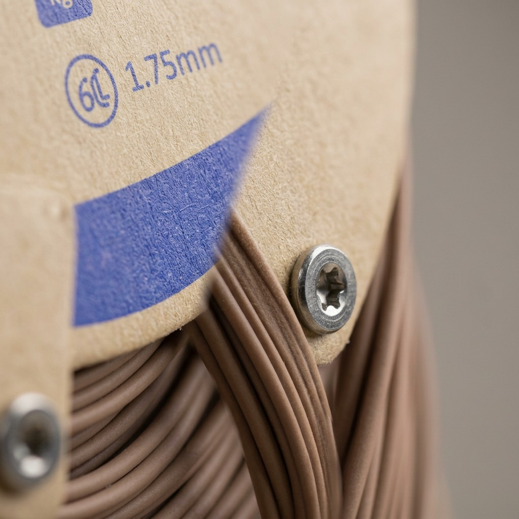 Extreme macro view: precise brown filament winding, recycled spool fibers, and a Torx bolt detail.
