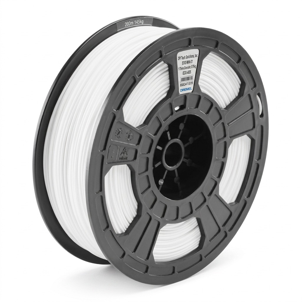 A high-resolution, centered photograph of a black Dremel filament spool with white 1.75mm ECO-ABS filament, detailed manufacturer markings and logo visible, isolated on a pure white background.