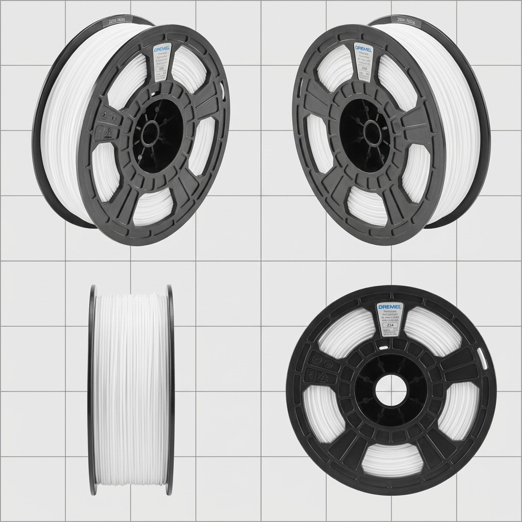 A grid displaying the 3D ECO-ABS filament spool from different viewpoints, showcasing the spool design and filament color.