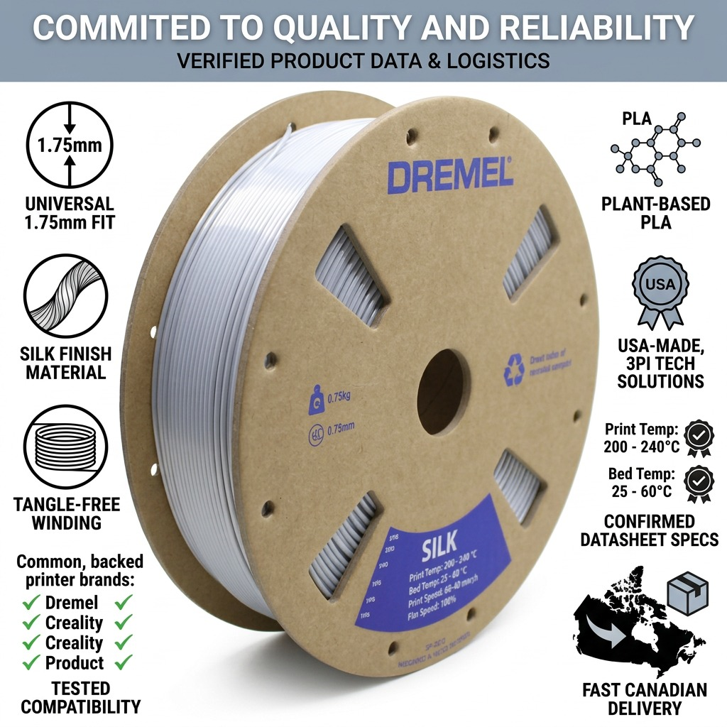 A trust and authority infographic for 3PI filament spools with specs and delivery info.