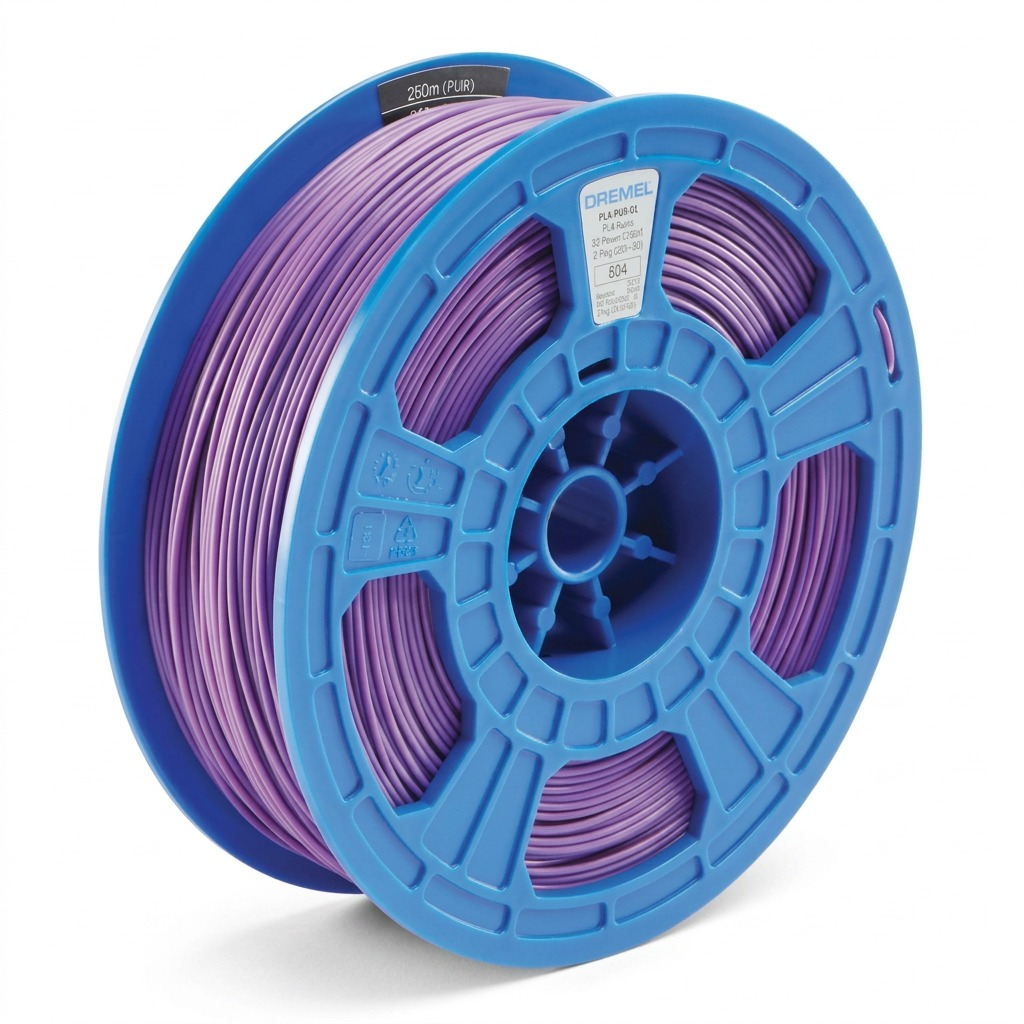 High-resolution hero shot of 3PI Tech Solutions Purple PLA 3D Printer Filament on a blue spool, from a three-quarter angle.