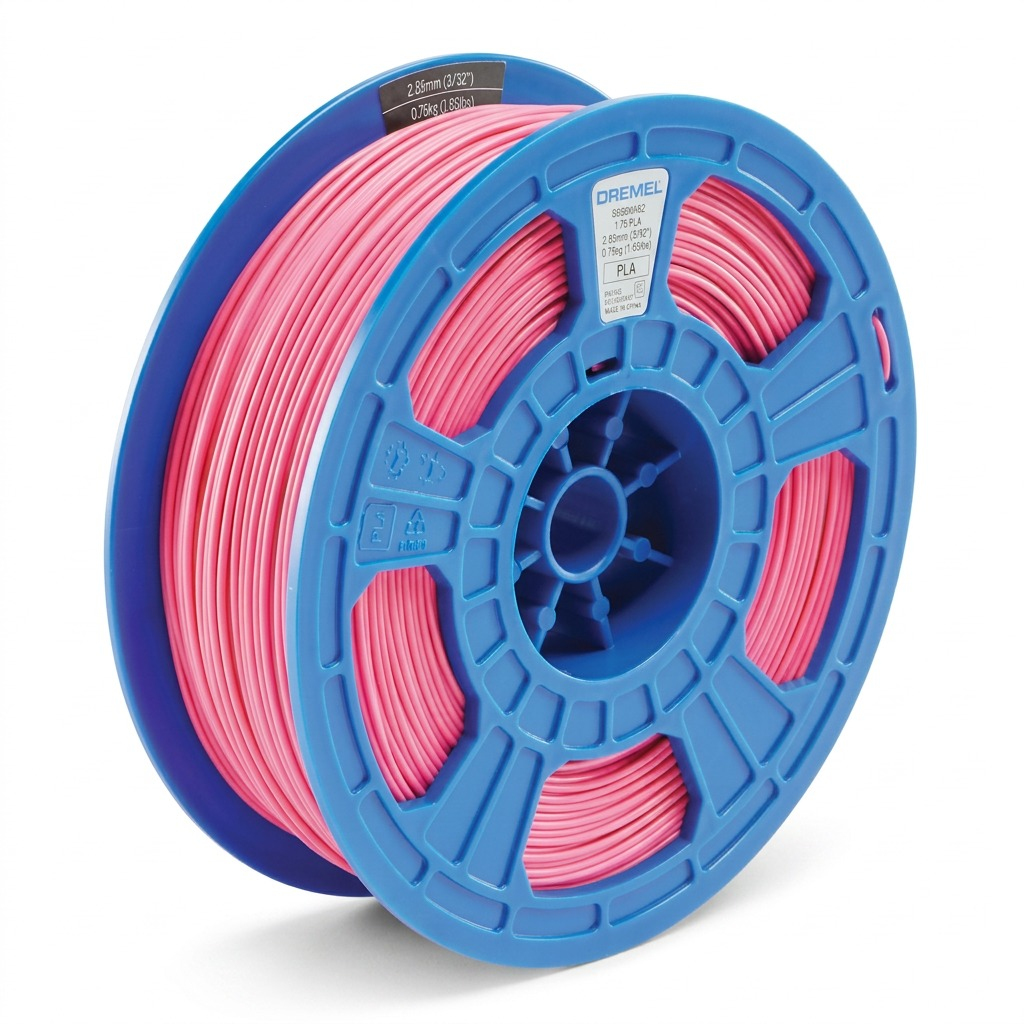Crisp hero shot of a 3D PLA filament spool with pink filament and a blue spool, centered on a white background.