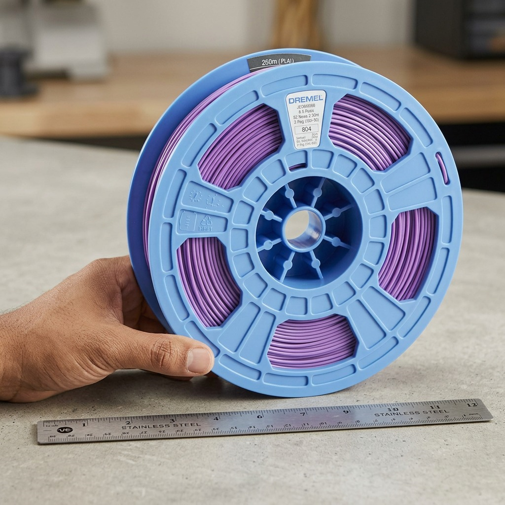 Scale reference photo: A hand grips the purple 3D filament spool with a 12" metal ruler nearby.