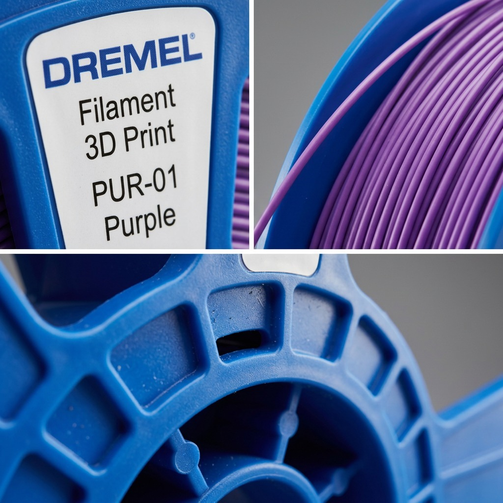 Macro views showing the purple Dremel filament's color, uniform texture, and the blue spool's hub structure and label.