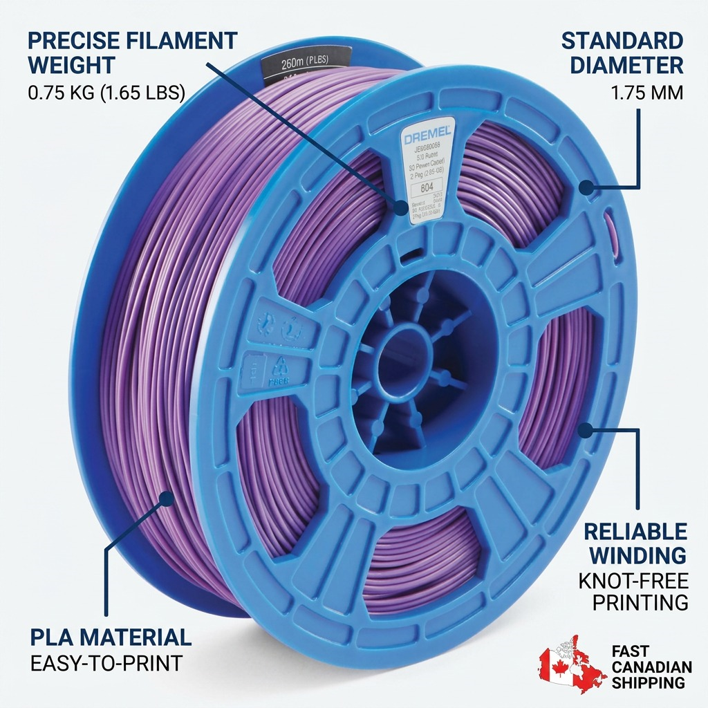Purple 3D PLA filament spool with feature callouts: material, diameter, weight, and smooth winding benefits.