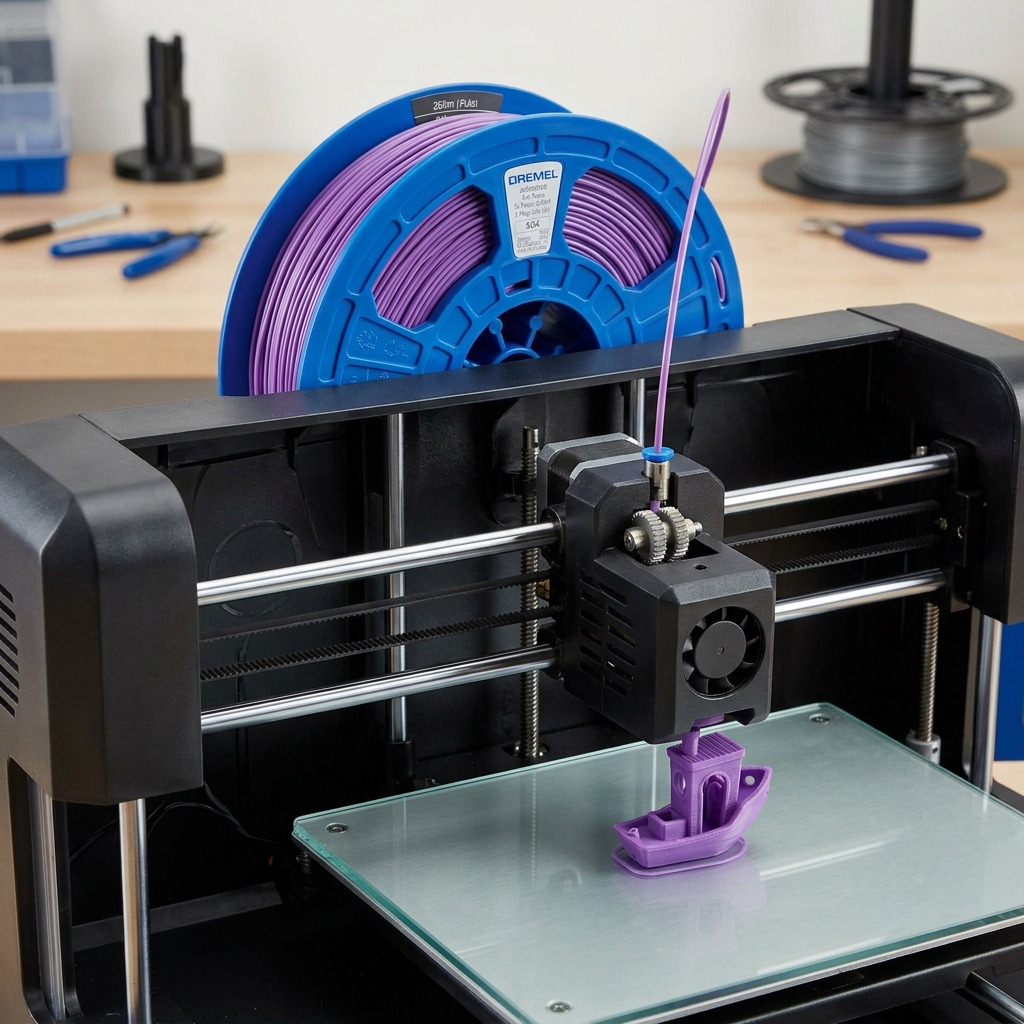 A close-up shot of a 3D printer in action, with the purple filament from a 3PI Tech spool feeding into the extruder.