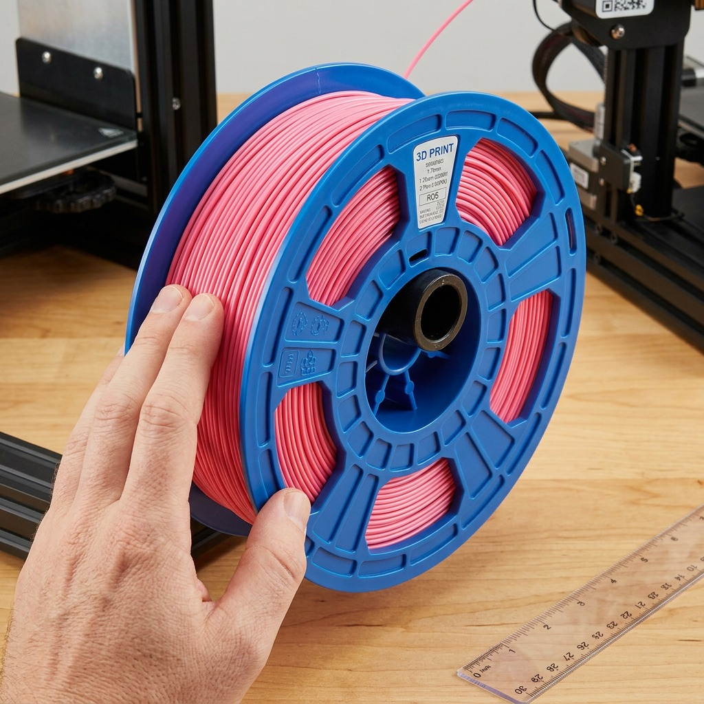 A life-size comparison of the 0.75kg pink PLA filament spool from 3PI Tech Solutions, Inc next to a human hand on a wooden desk.