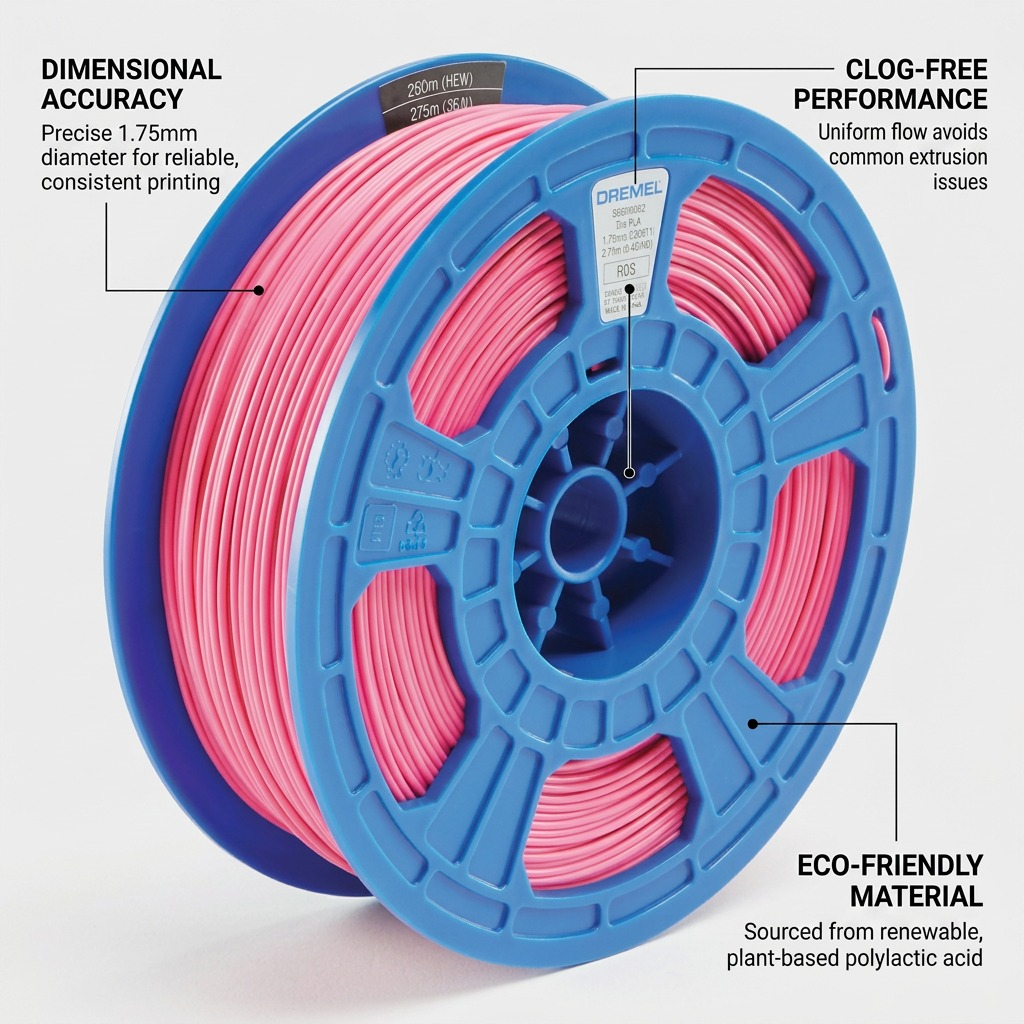 Feature graphic of pink PLA filament spool with three data-driven benefit callouts.
