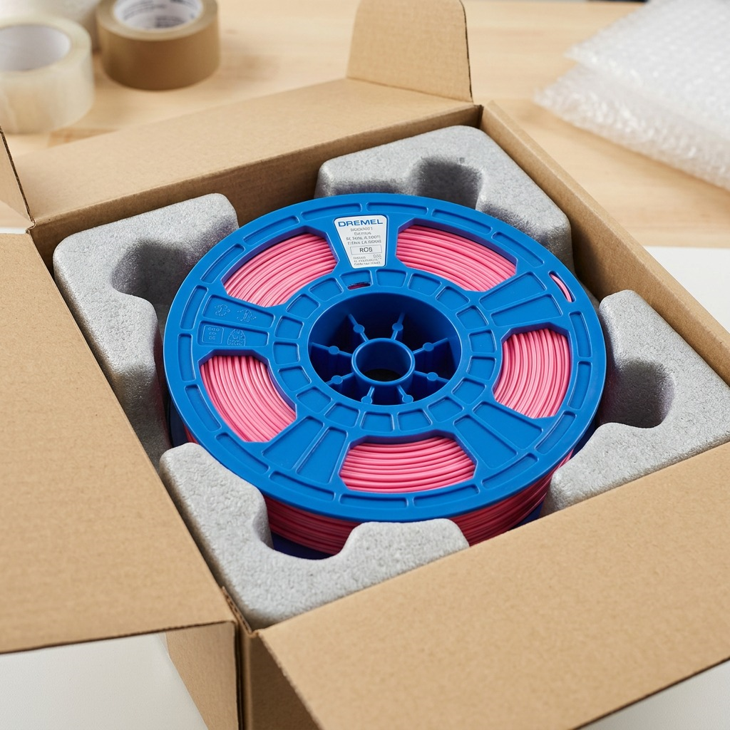A photo of the pink PLA filament on its blue spool resting securely in protective foam packaging.