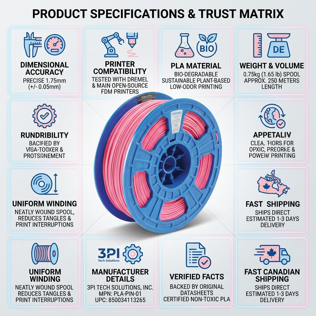 A clean infographic matrix showcasing the 3PI PLA filament spool, featuring icons for compatibility, quality, and fast shipping.