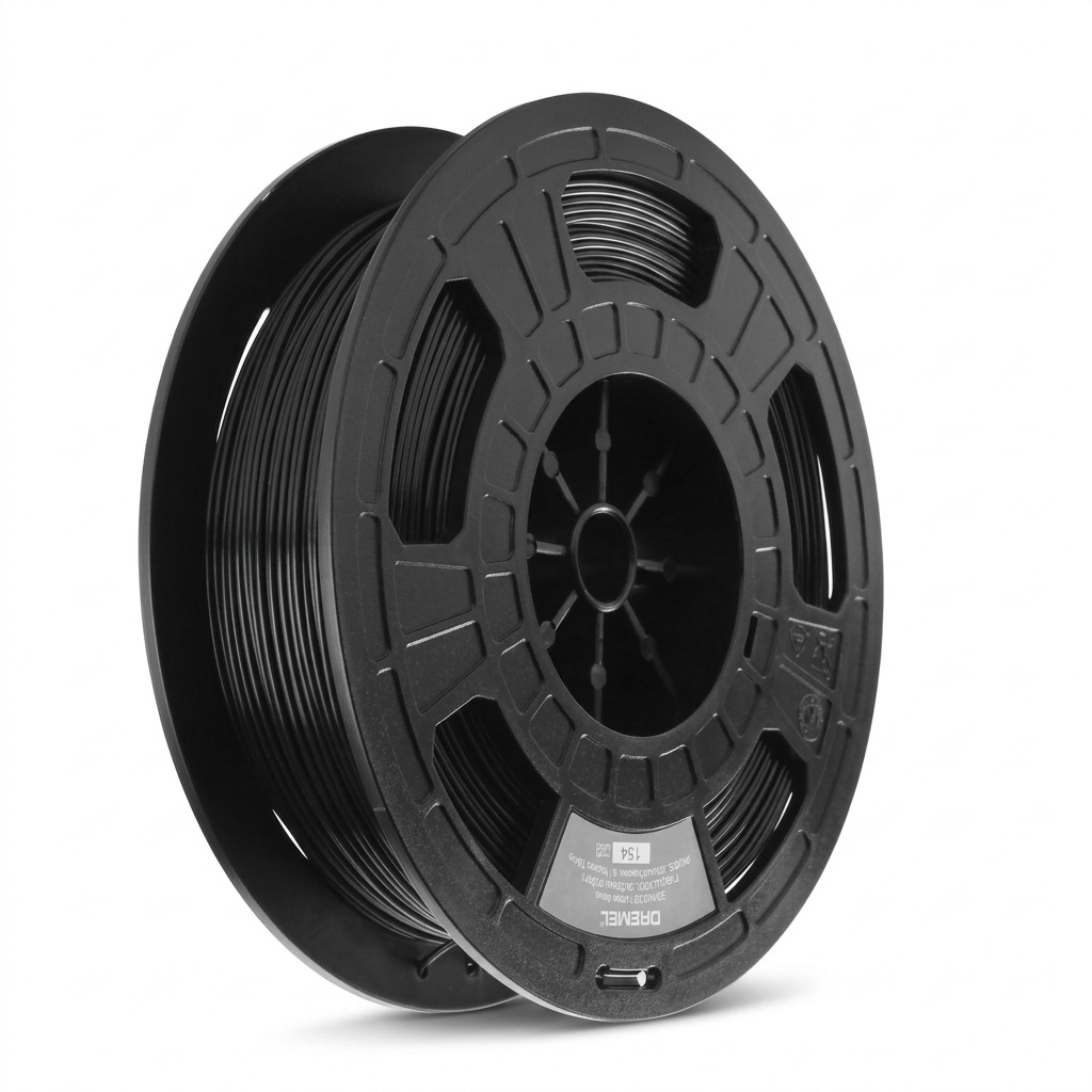 A high-resolution hero shot of the 3PI Tech Solutions 3D Nylon Filament spool, 1.75mm, 0.50kg, in black. The black filament is wound neatly, and the distinctive black plastic spool structure with large geometric apertures is centered. The manufacturer's identification label is visible and sharp on the lower-right flange against a perfect white background.