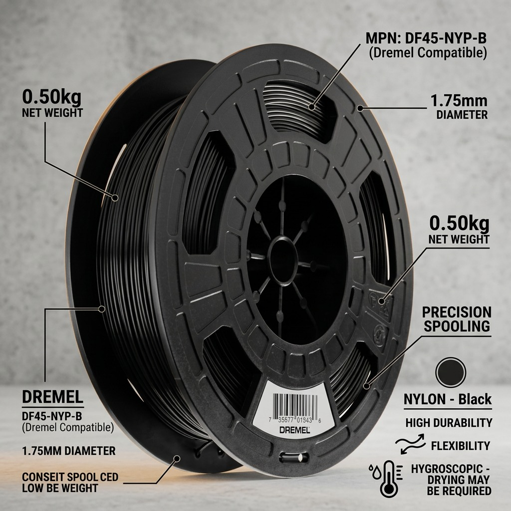 A focused matrix graphic highlighting key operational and technical features of the 3PI Tech Solutions Nylon filament.