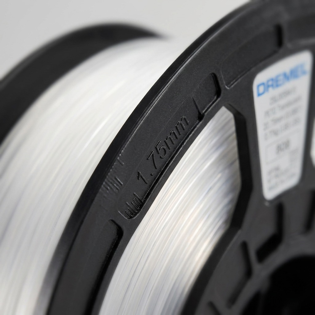 An extreme macro photograph shows the intricate pattern of a Dremel PETG Translucent 1.75mm 3D printing filament spool, highlighting its geometric design and precise 1.75mm measurement.