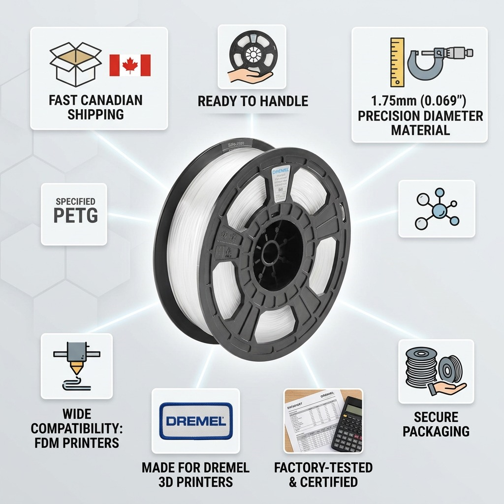 Infographic-style product visualization matrix featuring short factual text and icons for a filament spool.