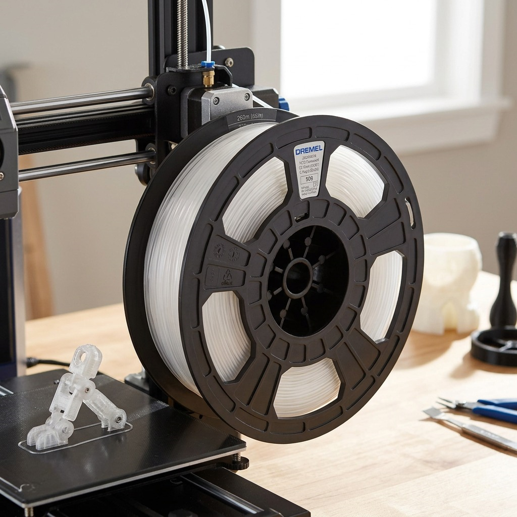 A lifestyle image showing the translucent PETG 3D filament spool mounted on an active Dremel DigiLab 3D45 3D printer, with a small printed object visible.