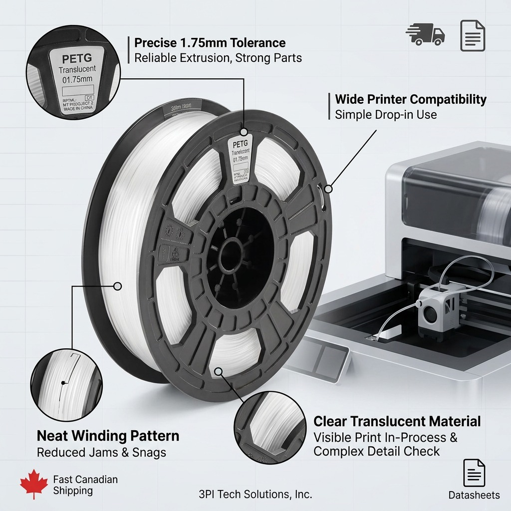 A technical graphic showcasing the Dremel translucent PETG filament spool with highlights on its precise 1.75mm tolerance and translucent property for clear prints.