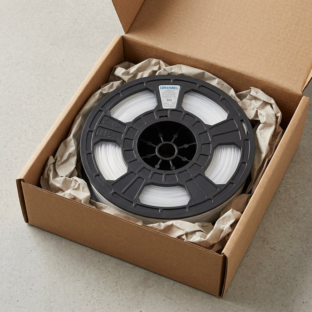 Unboxing a Dremel PETG-TRA-01 filament spool from a brown shipping box with protective padding.
