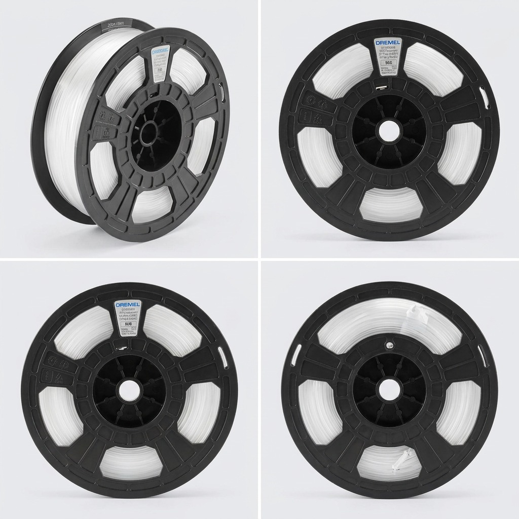 Four-panel ecommerce grid displaying the specific Dremel translucent PETG filament spool from multiple, distinct angles for configuration comparison.