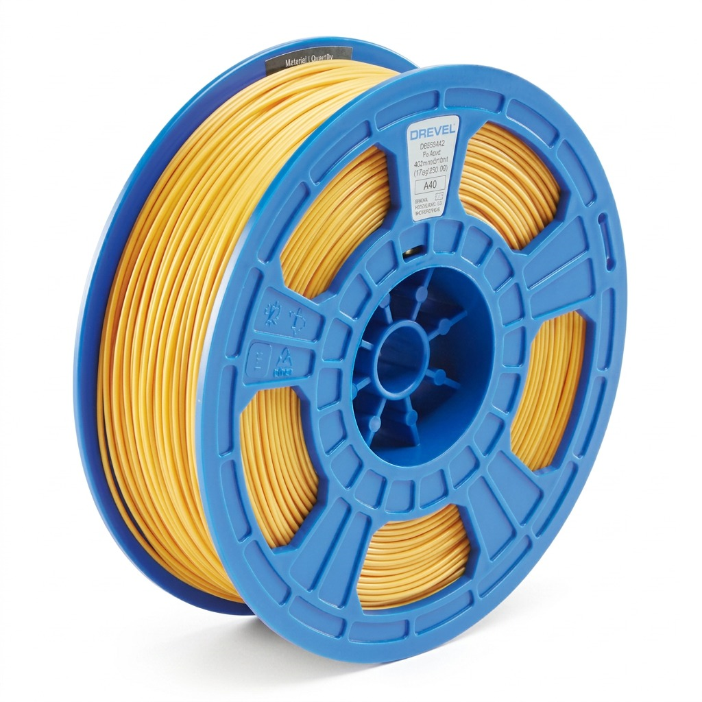 A pure high-resolution hero shot of the 3PI Tech Solutions yellow-gold PLA filament spool against a crisp white background.
