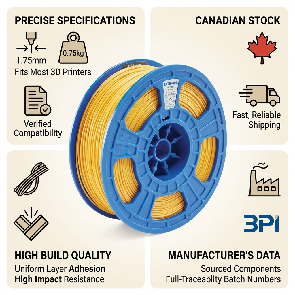 Infographic featuring the 3PI 3D filament spool with data points like 1.75mm diameter, fit for most printers, high quality, and fast Canadian shipping.