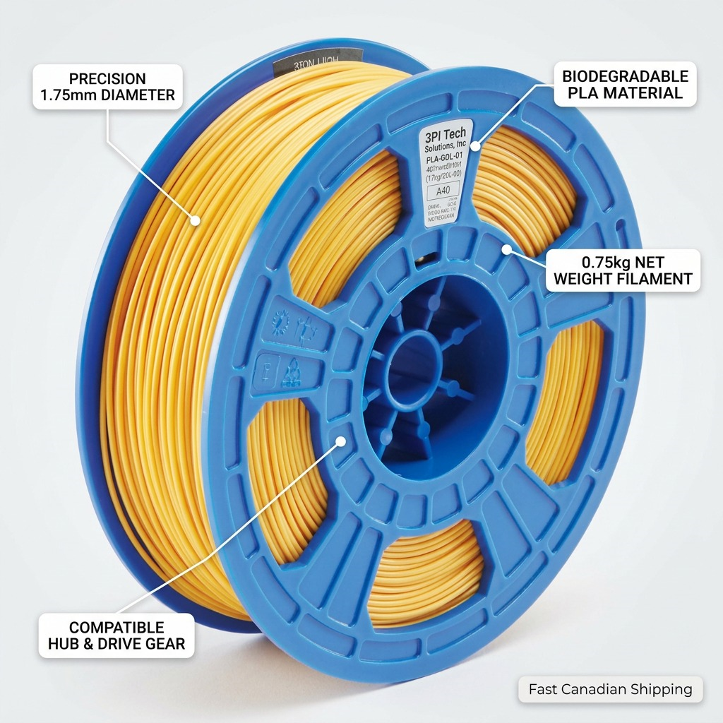 A professional infographic image featuring a 3PI Tech Solutions 3D PLA filament spool with callout labels highlighting key features: precision diameter, biodegradable material, 0.75kg weight, and hub compatibility, with a "Fast Canadian Shipping" badge.