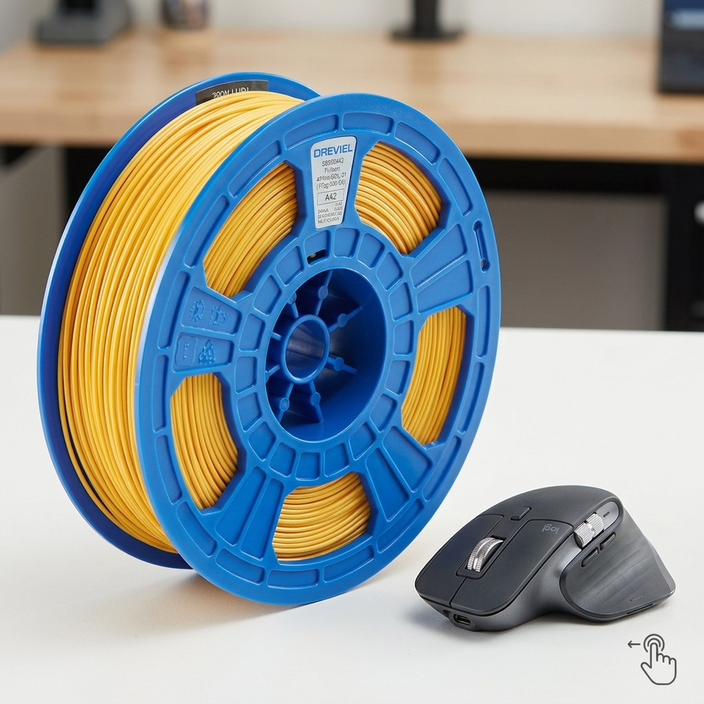 A scale comparison of the gold 3D PLA filament spool, accurately sized beside a modern desktop PC mouse.