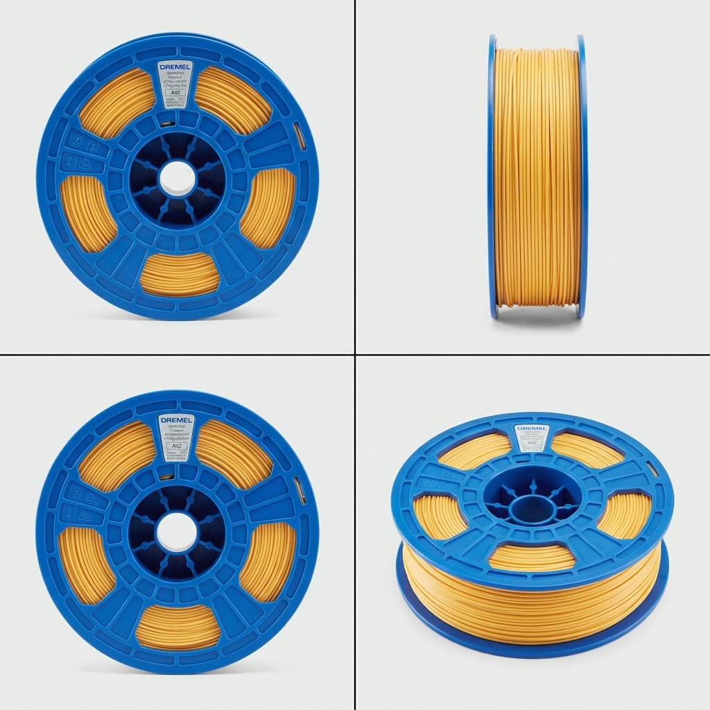 A premium 3-part grid product visual featuring the Dremel yellow filament spool from different, detailed angles on neutral backgrounds.