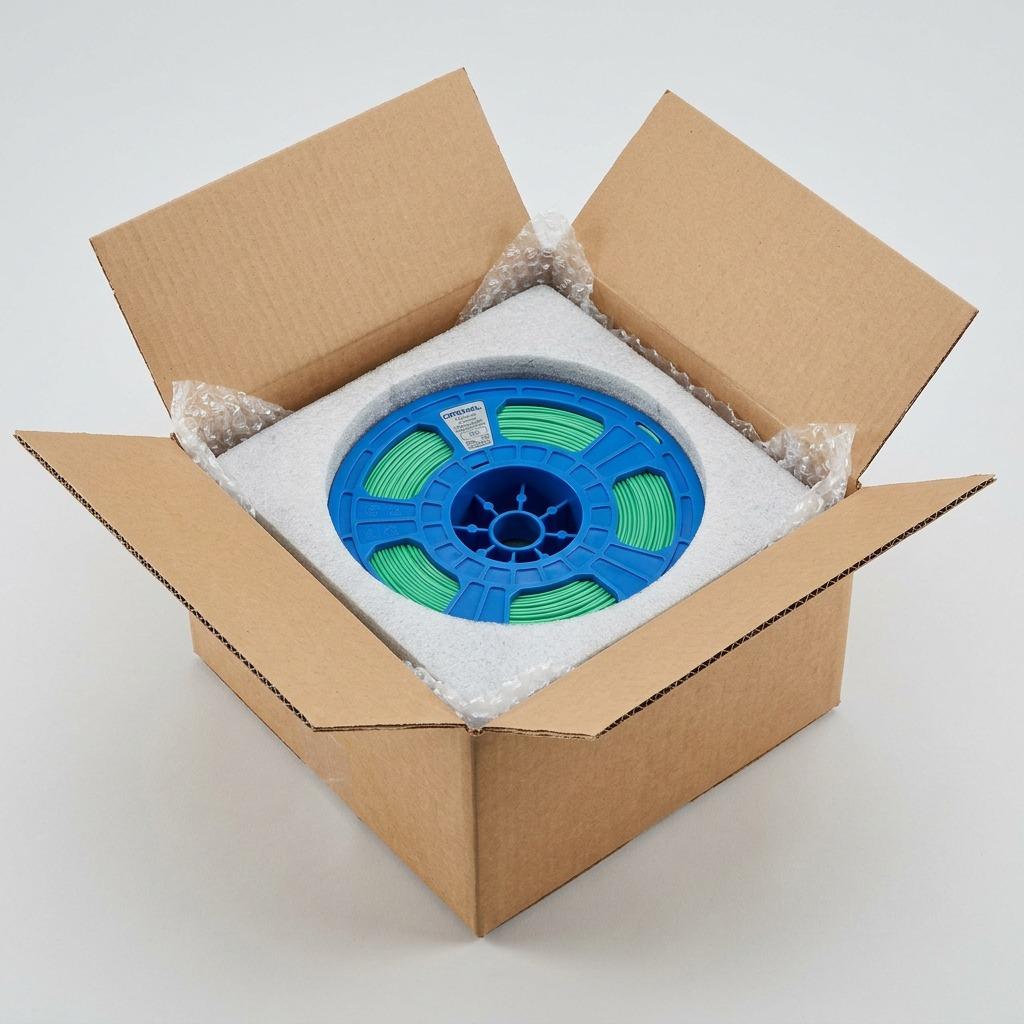 A realistic photo of the blue Dremel 3D filament spool from the product image, protected by custom poly-foam inserts within an open, neutral brown cardboard shipping box, showing safe delivery.