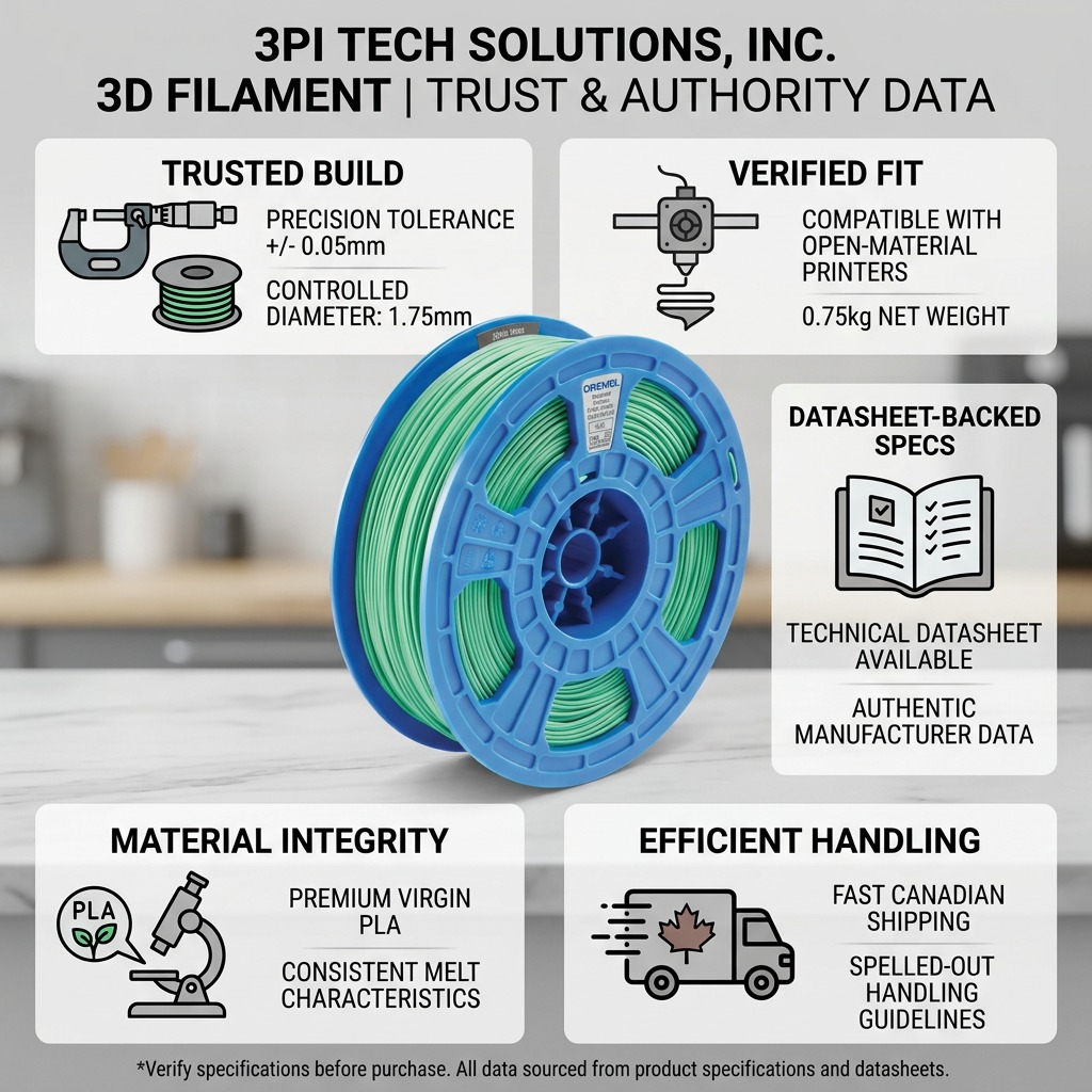 A product infographic matrix for 3PI Tech Solutions green PLA filament, with trust icons.