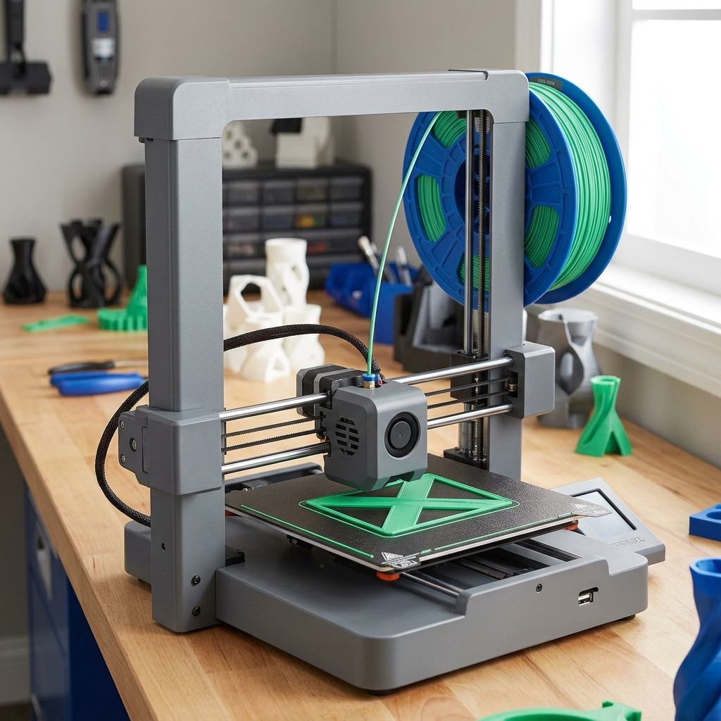 A realistic photo of the blue Dremel 3D filament spool with green PLA filament mounted on a 3D printer's spool holder. An active print job is visible, with a small portion of green filament fed into the extruder. The background shows an organized workspace desk, suggesting dynamic usage.