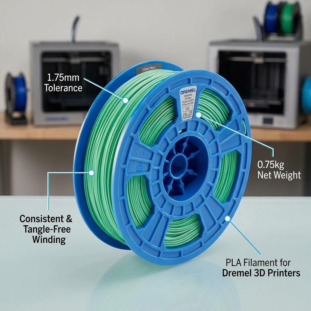 A feature callout graphic showing the exactly rendered Dremel-branded teal filament spool [image_0.png] with short, factual specifications like '1.75mm Tolerance' and '0.75kg Net Weight'.