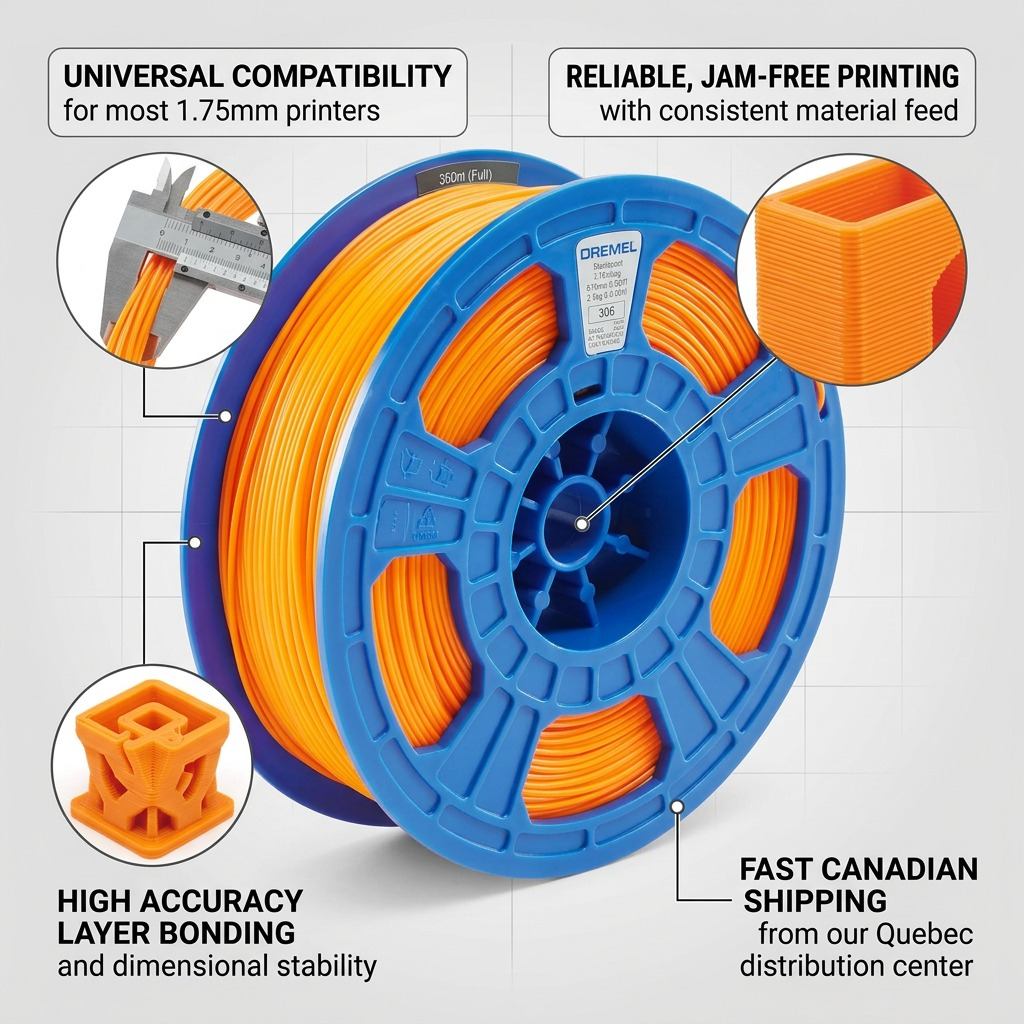 1.75mm PLA filament spool graphic with feature callouts for compatibility, print quality, and reliable shipping.