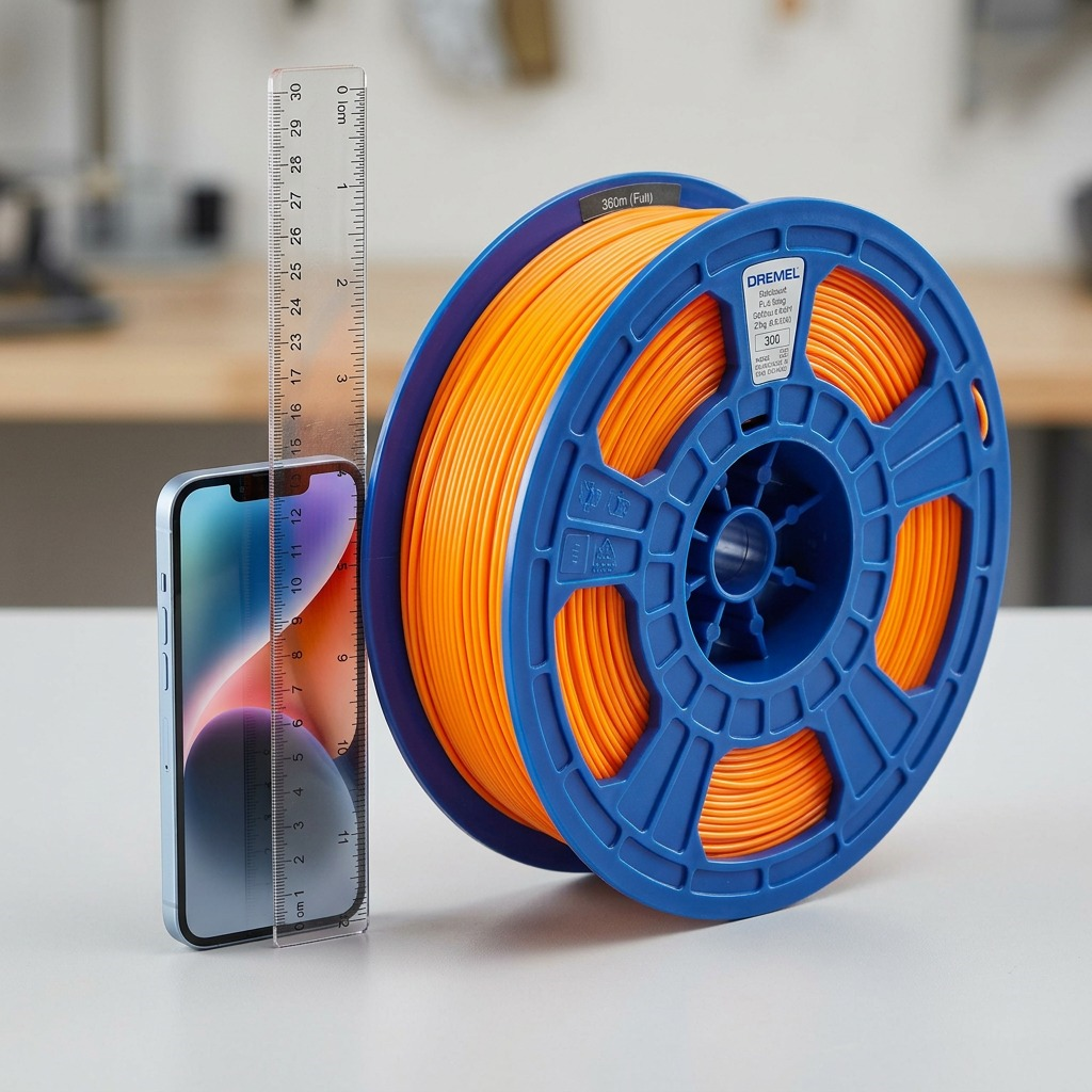 A scale reference photo showing the Dremel orange filament spool beside a ruler.