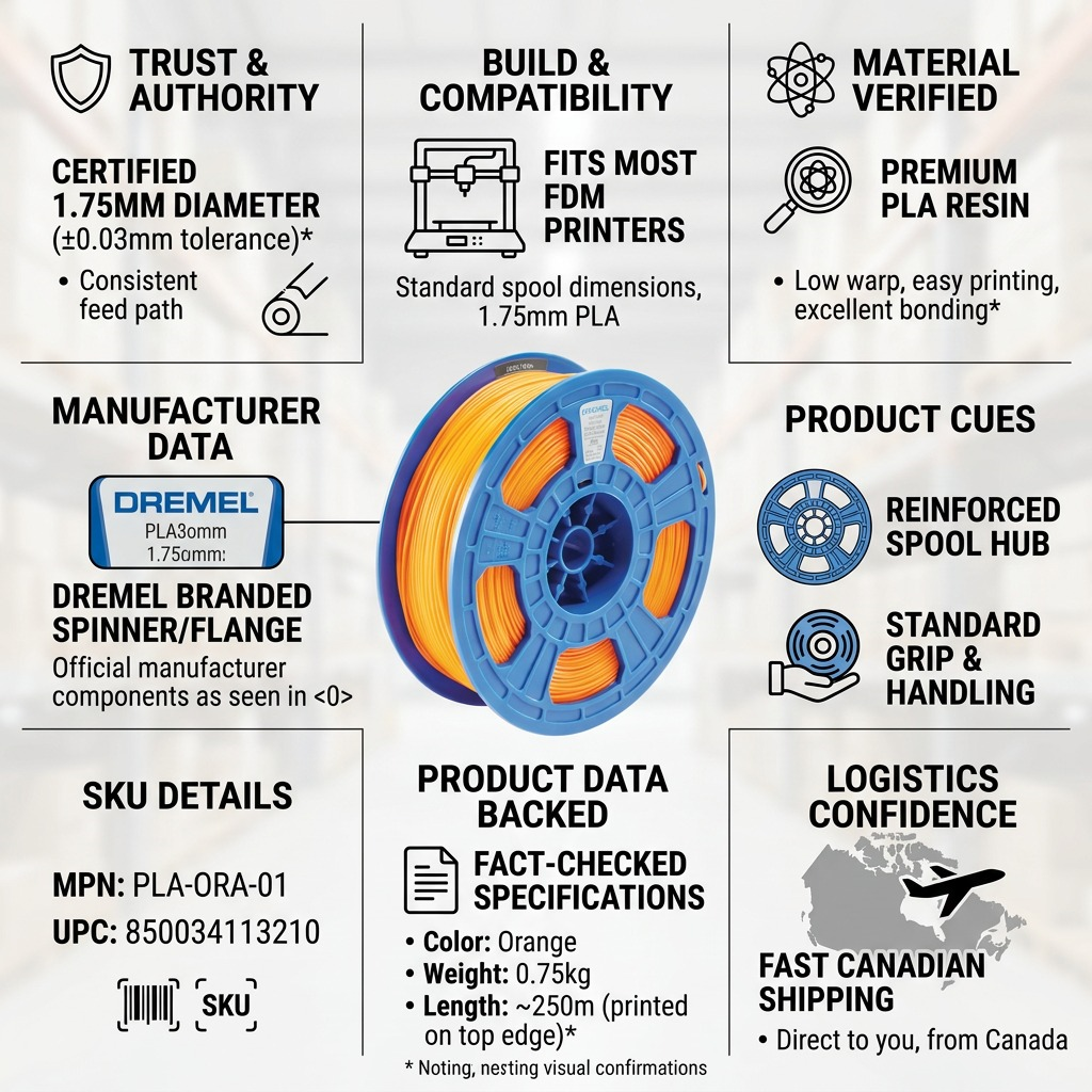 An ecommerce infographic with the orange PLA spool, featuring factual confidence cues and Canadian shipping.