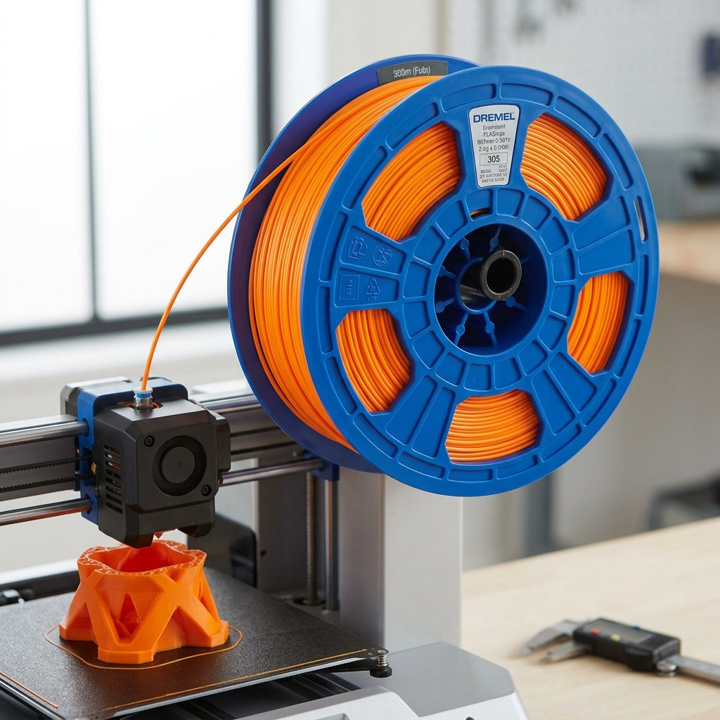 Dremel orange PLA filament on blue spool in use on a 3D printer.